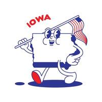 Iowa staat retro mascotte met hand- en voet klem kunst. Verenigde Staten van Amerika kaart retro tekenfilm stickers met grappig grappig tekens en gehandschoende handen. vector sjabloon voor website, ontwerp, omslag, infographics.