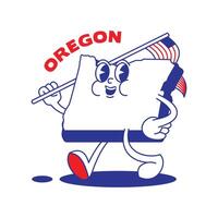 Oregon staat retro mascotte met hand- en voet klem kunst. Verenigde Staten van Amerika kaart retro tekenfilm stickers met grappig grappig tekens en gehandschoende handen. vector sjabloon voor website, ontwerp, omslag, infographics.