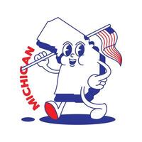 Michigan staat retro mascotte met hand- en voet klem kunst. Verenigde Staten van Amerika kaart retro tekenfilm stickers met grappig grappig tekens en gehandschoende handen. vector sjabloon voor website, ontwerp, omslag, infographics.