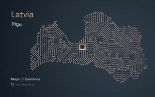 Letland kaart met een hoofdstad van Riga getoond in een microchip patroon. e-overheid. wereld landen vector kaarten. microchip serie