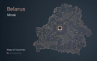 Wit-Rusland kaart met een hoofdstad van Minsk getoond in een microchip patroon. e-overheid. wereld landen vector kaarten. microchip serie