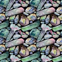 hand- getrokken waterverf illustratie kostbaar halfedel juweel edelsteen kristal chakra geboorte steen. toermalijn smaragd opaal. naadloos patroon geïsoleerd wit achtergrond. ontwerp afdrukken, winkel, sieraden, mode vector