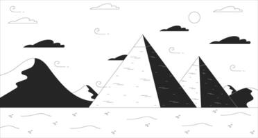 Egypte piramides zwart en wit lijn illustratie. Egyptische landschap 2d landschap monochroom achtergrond. oude architectuur. reizen oriëntatiepunten woestijn. beroemd plaats monumenten schets tafereel vector beeld
