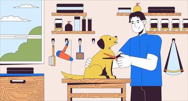 hond uiterlijke verzorging onderhoud lijn tekenfilm vlak illustratie. dier spa salon. professioneel huisdier zorg klein bedrijf 2d lijn kunst landschap achtergrond. privaat ondernemerschap werk tafereel vector kleur beeld