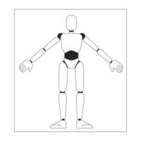 model- van cyborg Aan papier vel zwart en wit 2d lijn tekenfilm karakter. humanoid robot tekening geïsoleerd vector schets personage. futuristische bouwkunde project monochromatisch vlak plek illustratie