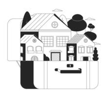 inpakken stad in koffer zwart en wit 2d illustratie concept. reizen zak huizen stedelijk tafereel tekenfilm schets voorwerp geïsoleerd Aan wit. bagage voorstad. bagage huizen metafoor monochroom vector kunst