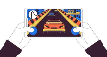 gamer genieten van online auto racing lineair tekenfilm karakter handen illustratie. interessant mobiel spel schets 2d vector afbeelding, wit achtergrond. gaming hobby bewerkbare vlak kleur clip art