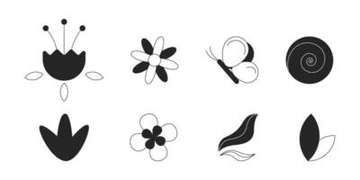 bladeren bloemen vlinder zwart en wit 2d lijn tekenfilm voorwerpen set. zomer natuurlijk. lente planten geïsoleerd vector schets items verzameling. natuur voorjaar monochromatisch vlak plek illustraties