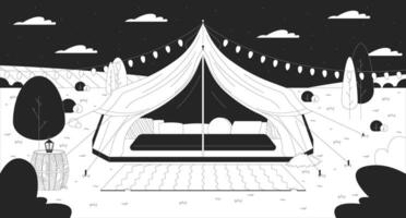 glamping tent sterrenhemel nacht lucht zwart en wit lijn illustratie. terugtrekken comfortabel 2d landschap monochroom achtergrond. romantisch ga weg platteland. 's nachts weide schets tafereel vector beeld