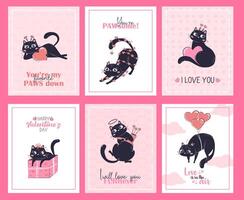 reeks van afdrukbare Valentijnsdag dag kaart Sjablonen met kawaii zwart kat in verschillend poses met liefde berichten en woordspeling bijschriften. vector