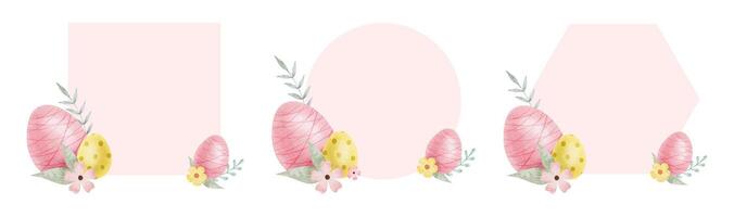 kader van schattig kleurrijk Pasen eieren, bloemen en bladeren. achtergrond met Pasen eieren met pastel kleuren. geïsoleerd waterverf illustratie. sjabloon voor Pasen kaarten, dekt, posters en uitnodigingen. vector