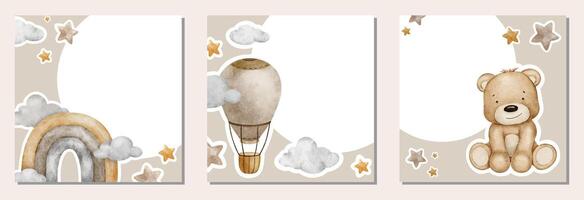 beige heet lucht ballonnen, wolken en sterren. kinderen achtergrond met baby vliegtuigen. schattig waterverf geïsoleerd kader voor kinderen goederen, ansichtkaarten, baby douche en kinderen kamer vector