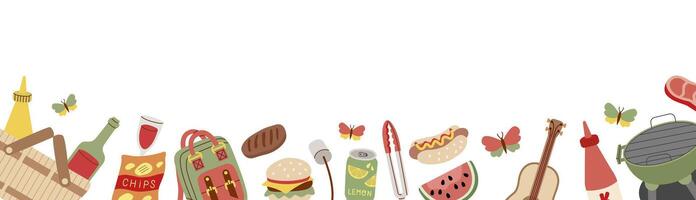 zomer en voorjaar picknick spandoek. heerlijk tussendoortje. vers groenten en fruit, boterhammen. voedsel en drankjes illustratie. vector