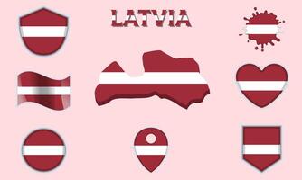 verzameling van vlak nationaal vlaggen van Letland met kaart vector