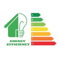 voor de helft huis en lamp icoon met energie rendement diagram teken. energie klasse beoordeling. opslaan energie icoon vector