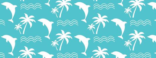 strand achtergrond. marinier patroon met dolfijnen, palm bomen en golven. zomer patroon voor kleding stof, verpakking, omslag. vector