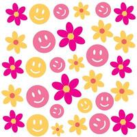 hand- getrokken vlak ontwerp bloemen en glimlachen gezichten illustratie. bloemen patroon ontwerp vector