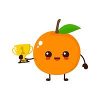 schattig gelukkig oranje fruit met goud trofee. vector vlak fruit tekenfilm karakter illustratie icoon ontwerp