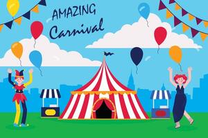 circus tent of carnaval tent met groen grond en blauw lucht achtergrond. vector