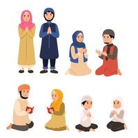 verzameling van moslim Dames en mannen bidden en groet vector