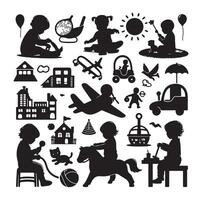 kleuter kind werkzaamheid silhouetten illustratie, reeks van kinderen spelen met speelgoed vector