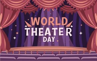 wereld theater dag, maart 27, conceptuele groet kaart, met gordijn en stadium met rood fluweel gordijn. wereld theater dag banier ontwerp vector