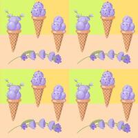 lavendel ijs room. drie scheppen van romig zoet toetje in een wafel ijshoorntje. Purper sorbet. naadloos patroon. vector illustratie.