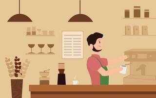 een Mens wie is maken koffie, vector illustratie. vlak karakter. barista cafe