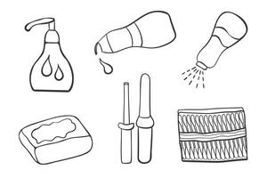 reeks van hygiëne tekening pictogrammen geïsoleerd. hand- gel, vochtinbrengende crème, lotion, tonic, emulsie, spuiten, zeep, druppelaar, hygiëne stokjes vector ontwerp elementen.