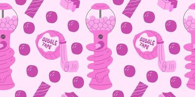 naadloos patroon met roze bubbel gom machine bubbel plakband aardbei fruit gom en kauwen snoep. vector schattig roze kauwgom achtergrond illustratie.
