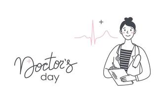 nationaal artsen dag spandoek. vriendelijk medisch vrouw Aan de achtergrond van een cardiogram. geneeskunde concept. gemakkelijk vector tekening illustratie