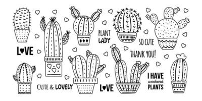 hand getekend vector cactussen reeks met kalligrafie, belettering. schets tekening stijl grafisch ontwerp van doornig planten, bloeiend cactussen, sappig planten in kleurrijk keramisch potten. huis planten, Mexico cactus.