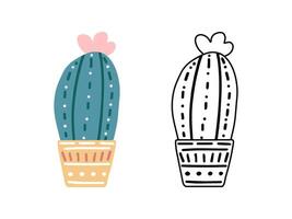 een reeks van hand getekend schets en gekleurde vector cactussen geïsoleerd Aan wit achtergrond. tekening en vlak stijl illustraties van doornig planten, bloeiend cactus, sappig planten in keramisch potten. huis planten