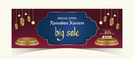 Ramadan kareem web achtergrond super uitverkoop banier met podium voor Scherm van Product. Ramadan mega groot uitverkoop Promotie poster en sociaal media na. Islamitisch speciaal aanbod Promotie banier ontwerp sjabloon vector