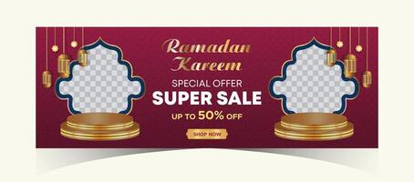 Ramadan kareem web achtergrond super uitverkoop banier met podium voor Scherm van Product. Ramadan mega groot uitverkoop Promotie poster en sociaal media na. Islamitisch speciaal aanbod Promotie banier ontwerp sjabloon vector