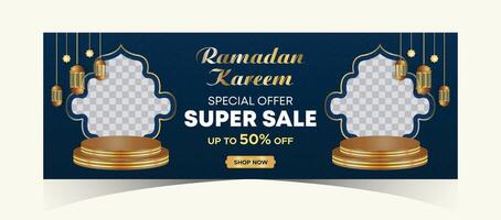 Ramadan kareem web achtergrond super uitverkoop banier met podium voor Scherm van Product. Ramadan mega groot uitverkoop Promotie poster en sociaal media na. Islamitisch speciaal aanbod Promotie banier ontwerp sjabloon vector