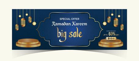 Ramadan kareem web achtergrond super uitverkoop banier met podium voor Scherm van Product. Ramadan mega groot uitverkoop Promotie poster en sociaal media na. Islamitisch speciaal aanbod Promotie banier ontwerp sjabloon vector