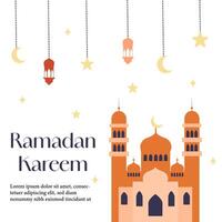 Ramadan kareem groet kaart, Islamitisch religie banier sjabloon met moskee koepel, hangende sterren, maan en lantaarn. vector