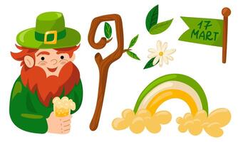 elf van Ierse folklore reeks met bier, een regenboog in de wolken, een stok met bladeren, bloemen en bladeren. een schattig vector elf van Ierse folklore. gelukkig st. Patrick dag. een grappig elf van Ierse folklore karakter een verzameling van voorjaar items