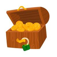 een houten borst met goud munten is geïsoleerd. vector beeld van een Open borst Aan een wit achtergrond. goud munten van piraat schatten, kabouters rijkdom van de rijkdom doos. een groot doos van munten