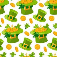 hoed patroon met Klaver en goud munten. vector naadloos patroon voor st. Patrick dag. groen elf van Ierse folklore hoed en goud munten in het Aan een wit achtergrond. geluk, rijkdom, bloem, vakantie, verpakking, herhaling