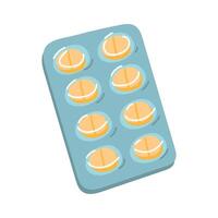 een bord van pijnstiller tablets voor menstruatie. een blauw blaar met geel tabletten. medisch zorg voor erge, ernstige pijn. medisch behandeling. een deel van de item van de compleet reeks voor pms vector