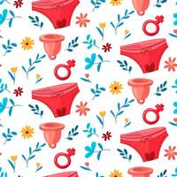 menstruatie patroon van slipje, menstruatie- beker, geslacht teken met bloemen en takken. de concept van een vrouw regelmatig menstruatie- fiets. menstruatie- periode, premenstrueel syndroom, vector