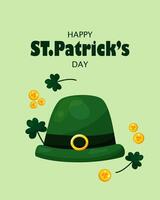 st. Patrick dag groet kaart Aan maart 17e met munten, klavers en groen Iers elf pet Aan groen achtergrond. gelukkig st. Patrick dag. vector