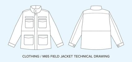 m65 leger jasje met zakken, technisch tekening, kleding blauwdruk voor mode ontwerpers vector