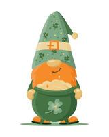 hand- getrokken schattig gnoom in st Patrick vermomming met pot van goud. Iers gnoom met klavers Aan hoed voor mooi zo geluk. vector illustratie voor kaarten, decor, overhemd ontwerp, uitnodiging, banier