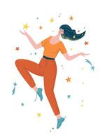vrouw dromen en dansen in lucht en sterren. modern vlak karakter. vrouw met droom universum. vector illustratie