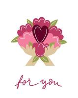 handen met boeket van bloemen en hart. voor u belettering citaat. voor Valentijnsdag dag, verjaardag of dank u groet kaart, spandoek. vector illustratie