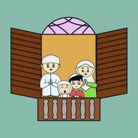 schattig moslim familie groet achter de venster vector