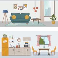 appartement binnen. reeks met interieur, keuken en leven kamer. gemeubileerd kamers. vlak vector illustratie van kamers met meubilair.